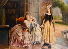 20th century school, a scene of three elegant figures in a country house, oil on canvas,