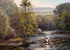 Samuel John Lamorna Birch (1869-1955) British, A river landscape with distant hills, oil on panel,