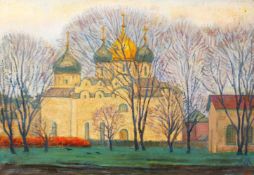 Andrey Nikolaevich Kostromitin (1928-1999) Russian, A view of a church building through trees, oil