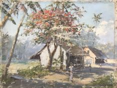 Alexander Sofronoff (1901-1948) Russian, Wayfarers on a path with village buildings, A Ceylon