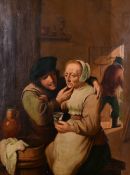 Manner of Teniers, an amorous couple in a tavern interior, oil on panel, 17.5