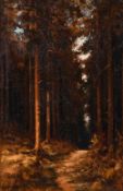 David Hewitt (1878-1939) British, View of a pathway through a forest, Oil on canvas, signed and
