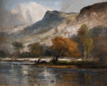 Frank T. Carter (1853-1934) British, A river landscape with rocky mountains beyond, oil on board,