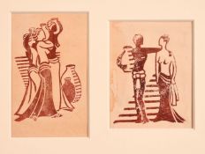 Attributed to Lill Tschudi (1911-2004) Swiss, Female figures with classical urns, linocut, one 5.