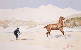 Carlo Pellegrini (1839-1889) Italian, 'Skijoring', A figure on skis being pulled behind a horse,