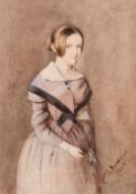 19th century French school, Three quarter length study of a young woman, watercolour, indistinctly