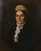 Hill (19th Century) British, A portrait of a Lady with a gold brooch and a pink rose, oil on canvas,