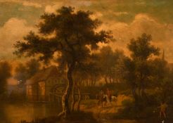 19th century school, possibly Dutch, a scene of figures on horseback by a watermill, oil on mahogany