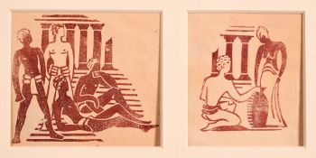 Attributed to Lill Tschudi (1911-2004) Swiss, A scene of figures amongst classical ruins, linocut,