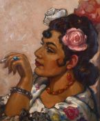 Charles Bisschops (1894-1975) Belgian, A head study of an attractive lady with flowers in her