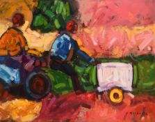 Tendai Nahvira (b.1974) Zimbabwe/South Africa, a scene of figures on vehicles in an African