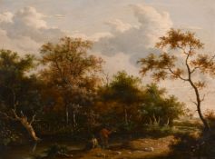 Early 19th century Norwich School, Figures on a riverbank, oil on oak panel, in fine gilt