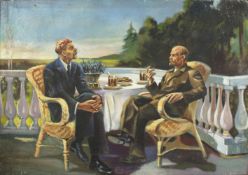 20th Century Russian School. Lenin and Maxim Gorky, Seated on a Terrace, Oil on Canvas, 37