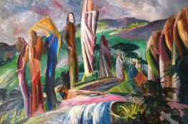 Robert Dumont-Smith (1908-1994) British. Figures in a Landscape by a Waterfall, Oil on Board. 24