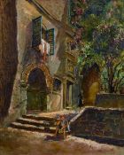 Jack Cross (early 20th century) British, continental street scene with figures by a blossoming tree,