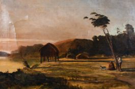 19th century school. Figures and a dog by a house on stilts, oil on canvas, initials R.J.D. dated '