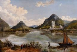 19th century school, A Lakeside castle with boats and hills beyond, oil on board, 16