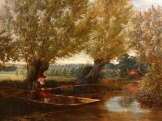 Gilbert Hall (19th century) British, A scene of an angler on a river with a distant view of a
