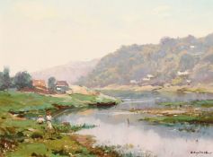 Sergei Sviridov, Russian, 'Fishing By The River', signed oil on board 9.5