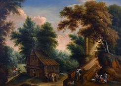 Manner of Paul Brill, Flemish, figures gathered by a bridge on the river, oil on oak panel, 11