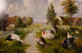 20th century school, a scene of turkeys gathered by a stream in a country landscape, oil on