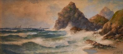 John Clarkson Isaac Uren (1845-1932) British, A Cornish coastal scene with boats passing a rocky