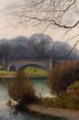 R. Midgley (Early 20th century) 'Near Kirkham', a river landscape with a bridge, oil on canvas,