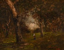 19th Century French School, A Barbizon scene of a figure in a forest, indistinctly signed, 8