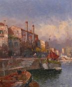 Early 20th century, a view of barges at a continental quayside, oil on canvas, indistinctly