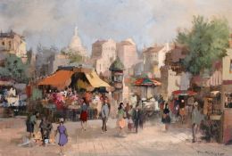 Theo Van Oorschot (1910-1989) Dutch, A continental market scene with flower sellers, oil on