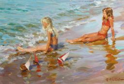 Yuri Krotov (b.1964) Russian, 'Young Sunbathers', signed oil on canvas 15