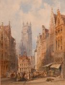 William Callow (1812-1908) British. Staen Street Bruges 1899, a Busy Street Scene, Watercolour,