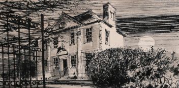 John Ross (20th century) 'The Last Look Round', A view of a classical building, ink drawing, 4.5