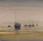 J…. Morlaine (b.1953) French. A seascape with moored vessels,