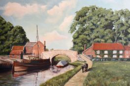 Michael Wood (20th century) A figure and horse on a towpath pulling a barge, oil on canvas,