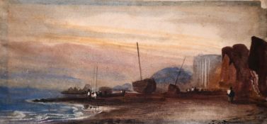 Circle of William Roxby Beverley (c. 1810-1889) British, a coastal scene with figures and boats on