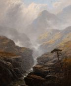 George Blackie Sticks (1843-1900) British, view of a mountain waterfall with sunlit peaks beyond,
