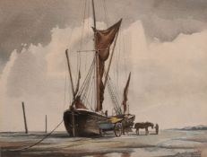 Roger Finch (1924-1989) British, a study of a moored boat at low tide, with a figure leading a horse