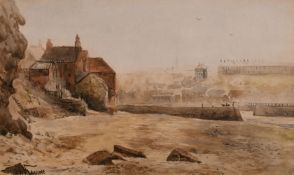 Emile Axel Krause (1871-1945) British, a scene of a harbour entrance, with a town beyond,