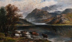 F. Allen (19th/20th century) British, Cattle resting by a Highland loch, oil on canvas, signed,