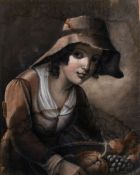 19th century English school, portrait of a girl holding a basket of fruit, Pastel, 23