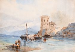 Circle of Edward Lear (1812-1888) British, A coastal scene possibly North Africa, watercolour