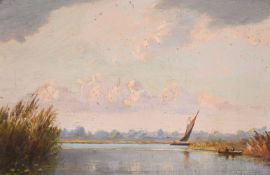 R. J. Steward (20th century) British, A scene of punters and a wherry on the Broads, oil on panel,