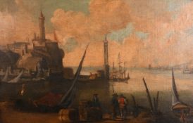 18th century Italian school, a harbour scene with figures on the quayside with a castle in the