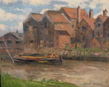 Clive Browne (1901-1991) British. Barge on a Canal at Gainsborough, Lincs, Oil on Panel, Signed.