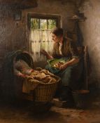Johannes Weiland (1856-1909) Dutch, A mother and her child in a cottage interior, oil on canvas, 21