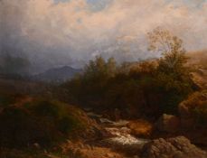 19th century English school. A Rocky River Highland landscape, oil on board, signed with initials