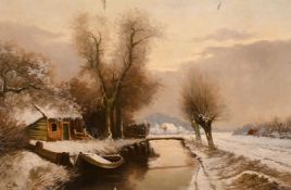 19th-century British school, A river scene in winter with a cottage and a boat, oil on canvas,