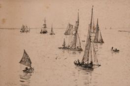 William Lionel Wyllie (1851-1931) British, A scene of sailboats off a headland, etching, 6.5