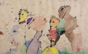 20th century American school, 'Flowery Assembly', a surreal study of six figures, watercolour,